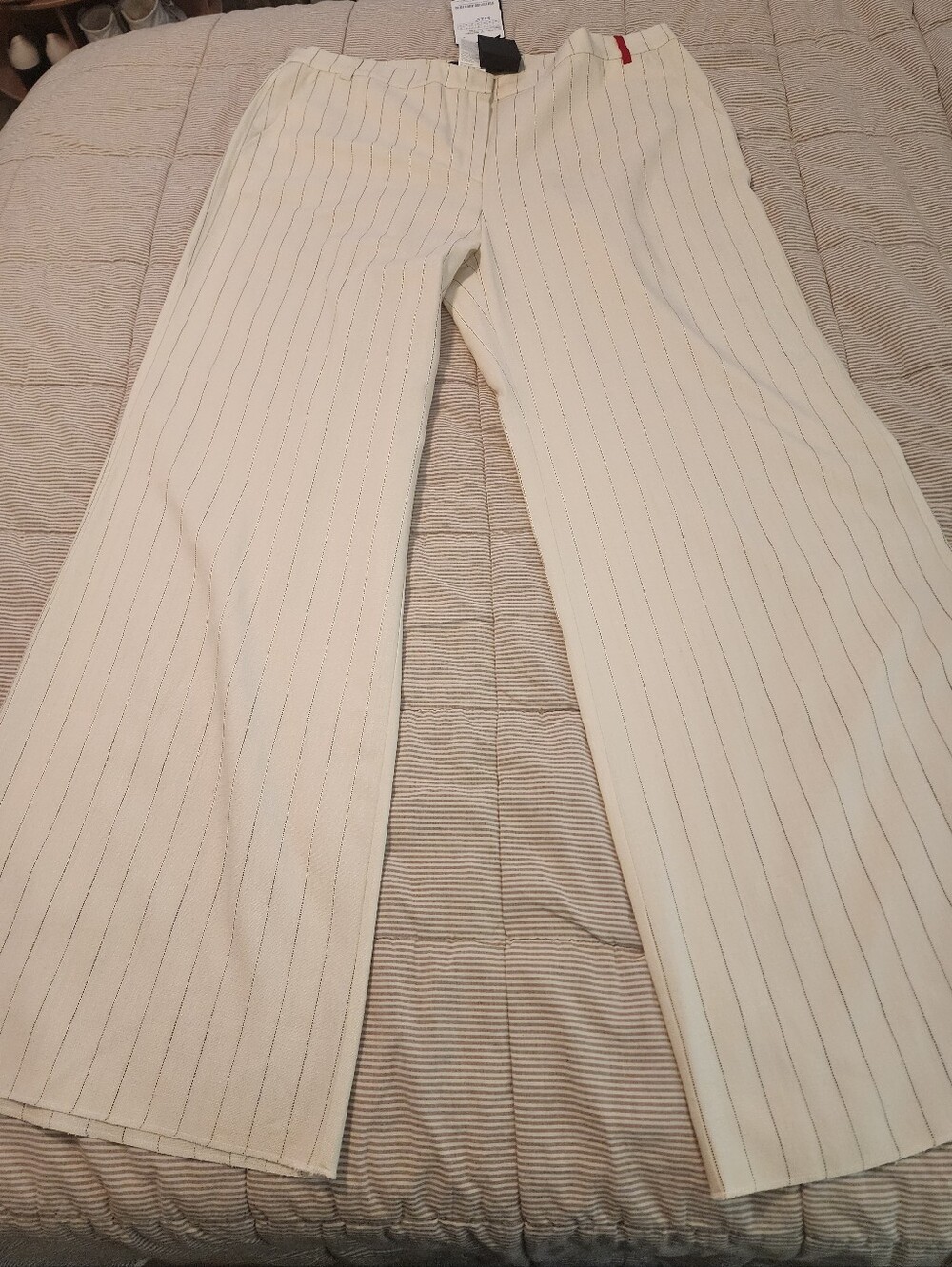 Marina Rinaldi Women's Italian Cream Pinstripe Wide-Leg Trousers Sz 18 NWT Luxe